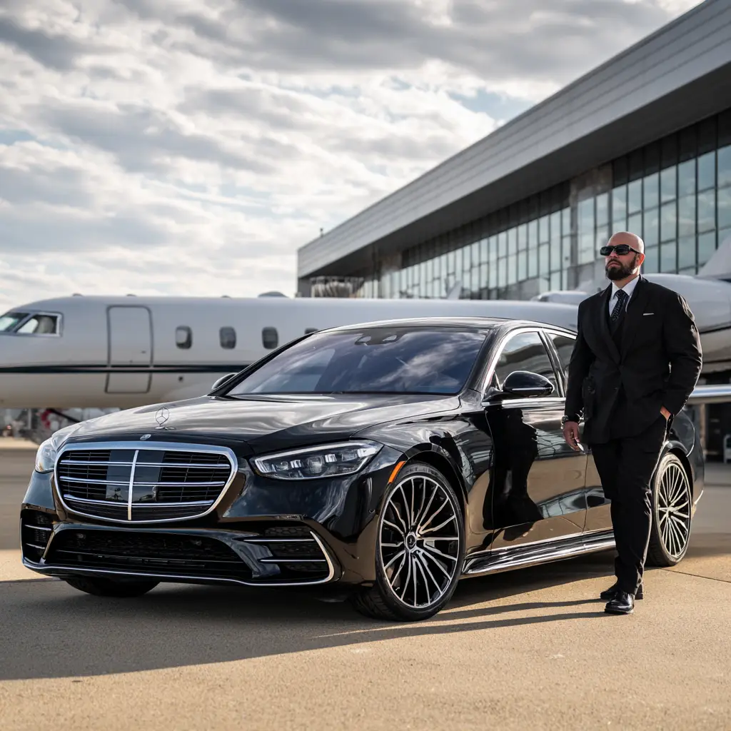 Professional chauffeur beside black Mercedes-Benz S580 at private aviation FBO — DC ExecuCar Signature Aviation Dulles IAD